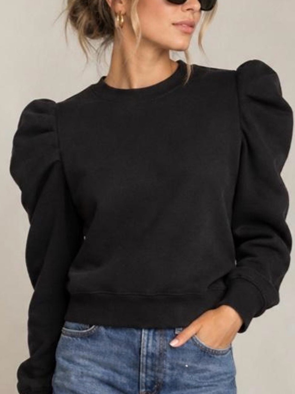 Rebecca Minkoff Black Puff Sleeve Crewneck Sweatshirt in Small